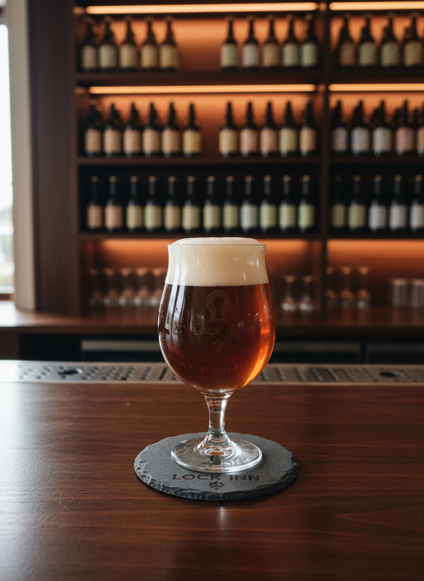 A polished dark-wood bar counter in a refined craft beer tasting room, featuring a single tulip glass filled with a deep amber ale topped with a dense, creamy head. Fine condensation beads glisten on the glass, which rests on a slate coaster engraved with a subtle Lock Inn emblem. In the softly blurred background, wooden shelves display an orderly row of elegant brown and green bottles with minimalist labels, lit by warm, indirect wall lights. Late afternoon natural light filters through an unseen window, casting gentle highlights along the glass rim and soft shadows on the bar. Photographed at eye level with a shallow depth of field, the mood is sophisticated, calm, and welcoming, embodying photographic realism with a clean, modern aesthetic.