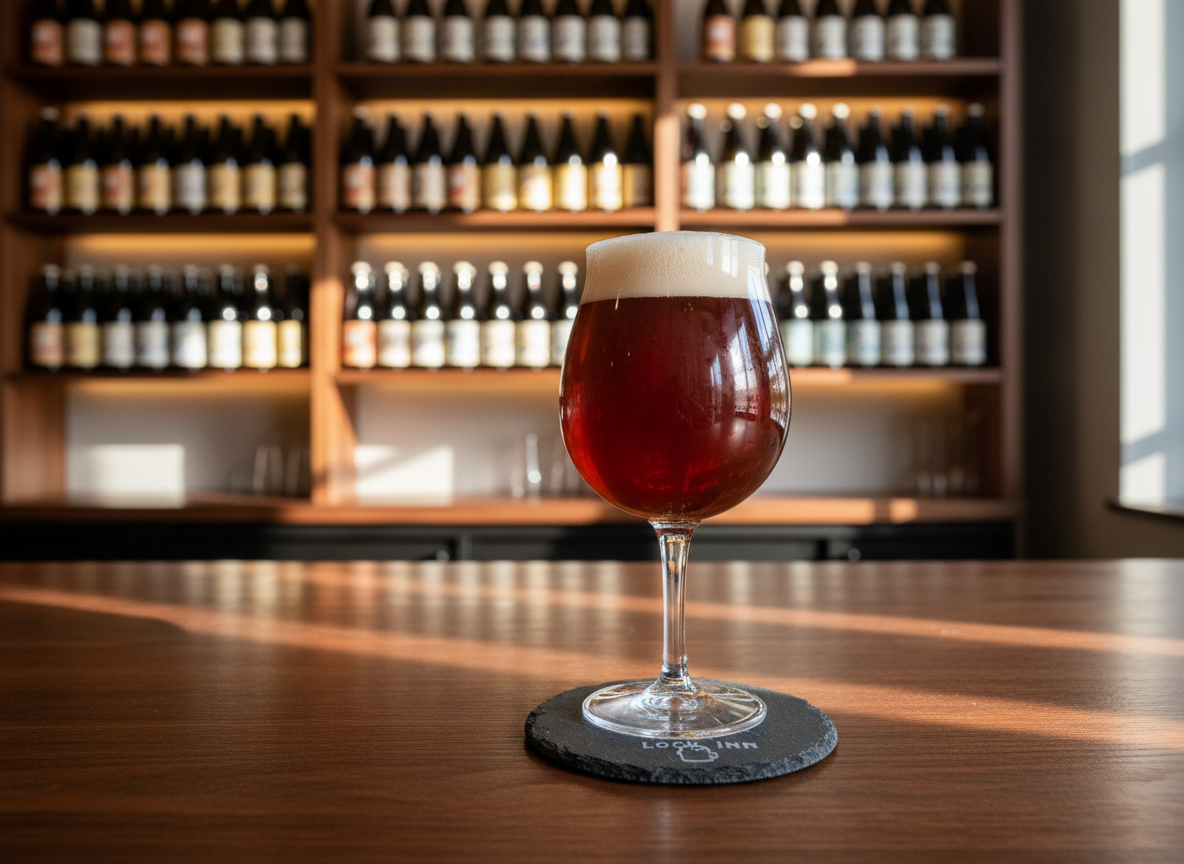A polished dark-wood bar counter in a refined craft beer tasting room, featuring a single tulip glass filled with a deep amber ale topped with a dense, creamy head. Fine condensation beads glisten on the glass, which rests on a slate coaster engraved with a subtle Lock Inn emblem. In the softly blurred background, wooden shelves display an orderly row of elegant brown and green bottles with minimalist labels, lit by warm, indirect wall lights. Late afternoon natural light filters through an unseen window, casting gentle highlights along the glass rim and soft shadows on the bar. Photographed at eye level with a shallow depth of field, the mood is sophisticated, calm, and welcoming, embodying photographic realism with a clean, modern aesthetic.