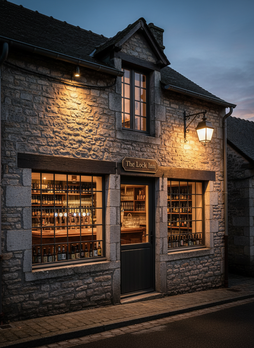 An exterior evening view of The Lock Inn craft beer bar in Miallet, Dordogne, rendered in photographic realism. The building is a charming, renovated stone structure with a dark wood door and discreet brass signage reading “The Lock Inn” above it. Large mullioned windows reveal warmly lit shelves of bottles and a gleaming interior bar, but no people. Subtle uplighting along the stone façade and a single, classic wall lantern by the door cast a soft, welcoming glow onto the cobblestone street. The sky holds the last blue of twilight, enhancing the warm-cool contrast. Captured from a slightly low angle with the building framed by hints of surrounding village rooftops, the mood is sophisticated, intimate, and quietly inviting, suggesting a hidden gem for discerning craft beer enthusiasts.