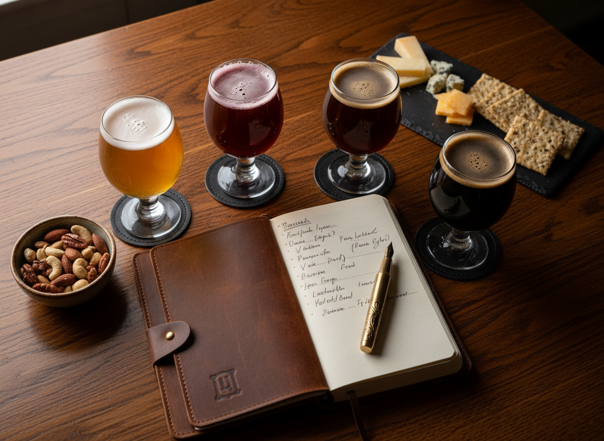 An overhead, photographic-realistic view of a curated craft beer tasting set at The Lock Inn, arranged on a dark oak table. At the center, a leather-bound tasting journal lies open with a brass pen resting diagonally, surrounded by a circle of five tulip glasses filled with varied beer hues from pale straw to ruby red and deep espresso, each displaying different lacing on the glass. Coasters embossed with a subtle Lock Inn monogram are neatly placed beneath. A small bowl of mixed roasted nuts and a slate plate with thin slices of artisanal cheese and crackers complete the composition. Soft, diffused evening light from an off-frame window creates an even, gentle illumination, with minimal shadows. The mood is studious yet indulgent, suggesting a sophisticated, thoughtful tasting ritual without showing any human presence.