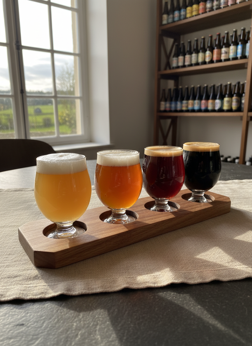 A close-up, photographic-realistic scene of a refined craft beer flight at The Lock Inn: a smooth walnut tasting board with beveled edges holds four stemmed tasting glasses, each filled with a different style of beer—hazy straw, burnished copper, rich mahogany, and opaque black—each crowned with distinct foam density. The board sits on a linen runner over a slate-grey table near a tall window. Soft golden hour sunlight streams in, creating intricate highlights on the beer surfaces and elongated, delicate shadows across the linen. In the softly blurred background, neatly arranged shelves of bottles and a subtle glimpse of the Dordogne countryside through glass add context. Shot from a three-quarter angle with shallow depth of field, the mood is elegant, contemplative, and distinctly sophisticated.