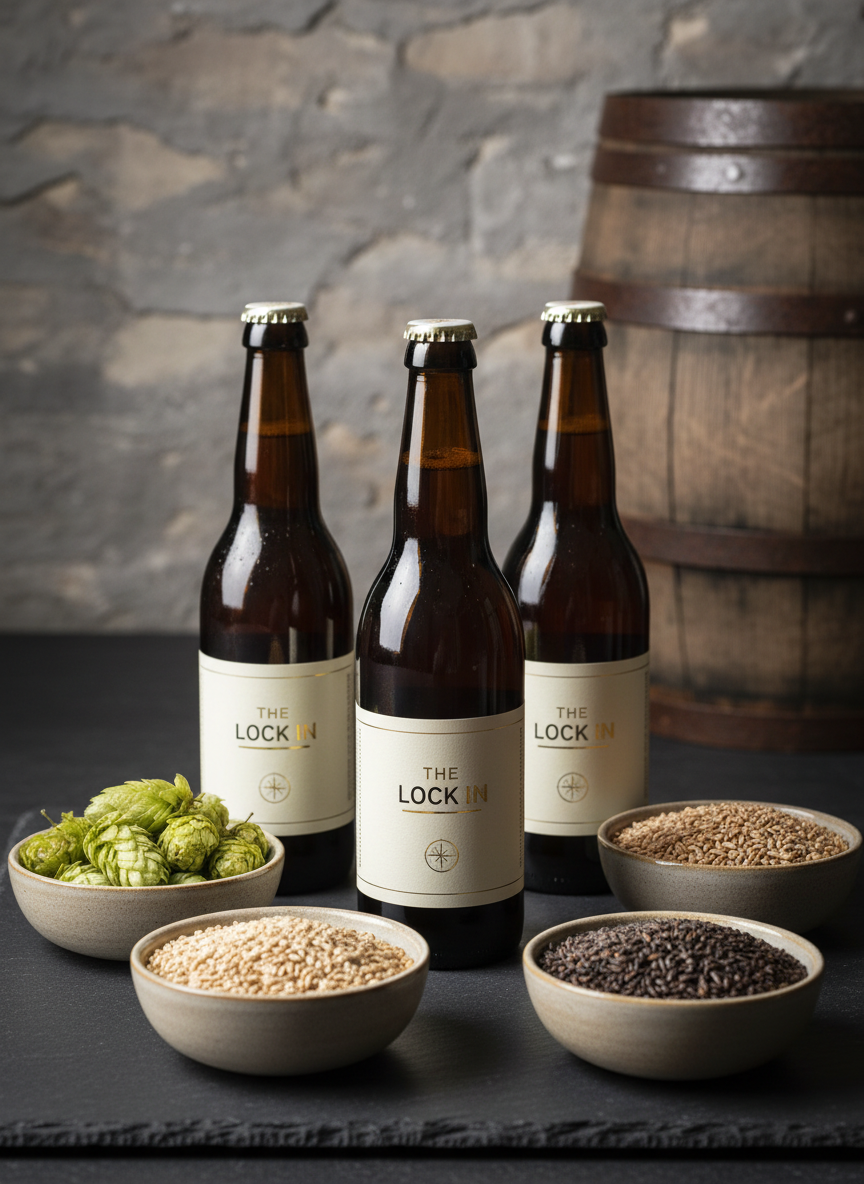 A meticulously arranged still life of artisanal beer bottles and ingredients on a dark, matte slate surface, reflecting the sophisticated character of The Lock Inn. Three elegant brown glass bottles with minimal, cream-and-gold labels stand in a subtle triangular formation, one slightly uncapped with fine condensation. Around them, small ceramic dishes hold whole cone hops, pale malt grains, and roasted barley, each with distinct textures. In the background, a faint outline of a stone wall and a blurred oak barrel add depth. Soft, directional studio lighting from the left creates gentle highlights along the bottle contours and delicate shadows behind the ingredients. Shot at a slightly elevated angle with a controlled, shallow depth of field, the atmosphere is refined and contemplative, emphasizing craft, provenance, and quality.