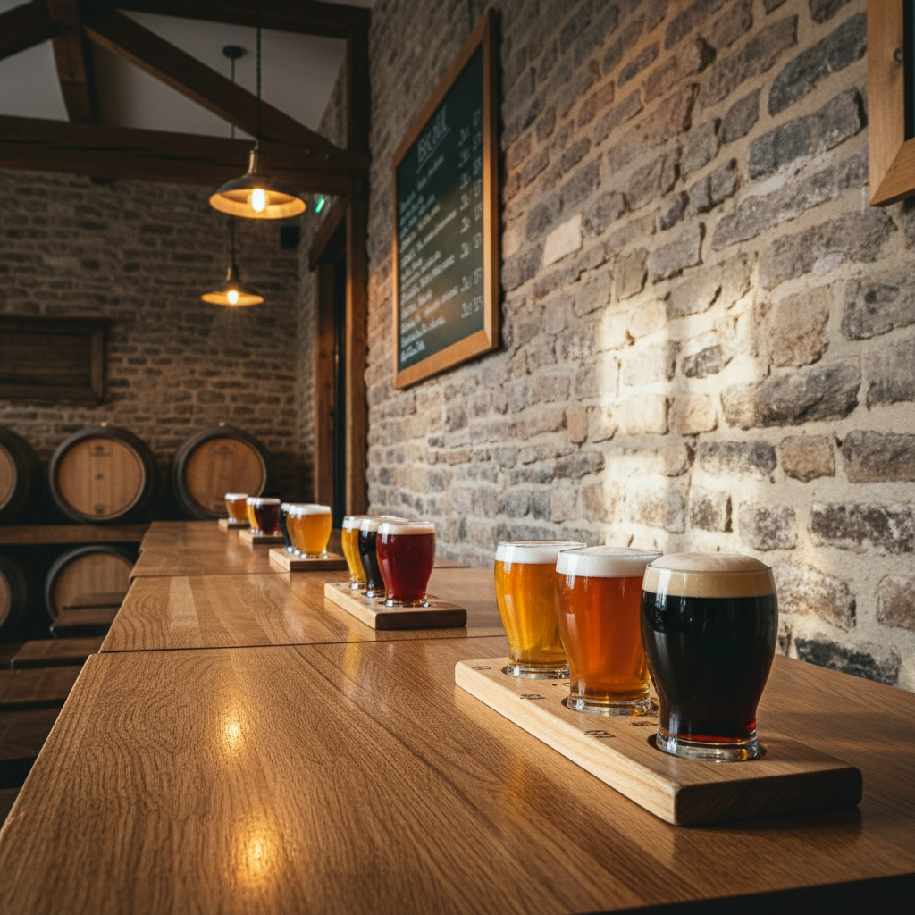 An atmospheric interior of The Lock Inn’s tasting bar in Dordogne, captured without any people, focusing on a row of polished oak tables aligned beside a stone wall. Each table holds a flight board of four perfectly arranged tasting glasses, showcasing a gradient of beers from pale gold to inky stout, each with distinct foam textures. The background reveals exposed beams, neatly stacked oak barrels, and a muted chalkboard beer list in tasteful handwriting. Warm pendant lights cast a golden, diffused glow, creating soft reflections on the glassware and subtle shadows along the rustic stone. Shot from a slightly elevated corner angle with sharp focus throughout, the photographic style emphasizes a sophisticated yet authentic ambience, evoking a serene, contemplative mood ideal for slow, thoughtful tasting.